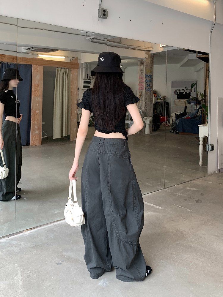 봄 여름 여성 하이웨스트 와이드 코튼 팬츠 바나나핏 롱팬츠 워싱 면바지 데일리룩 루즈핏 - 상세 이미지 4