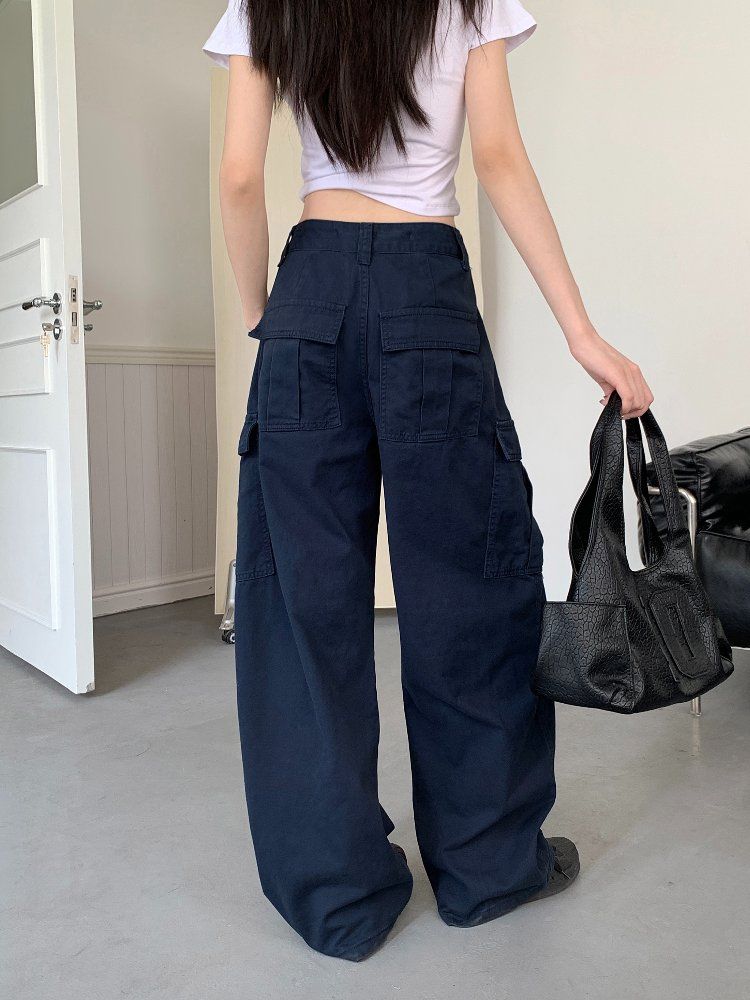 봄 여름 여성 하이웨스트 루즈핏 와이드 카고 팬츠 코튼 면바지 멀티포켓 데일리룩 롱팬츠 - 상세 이미지 4