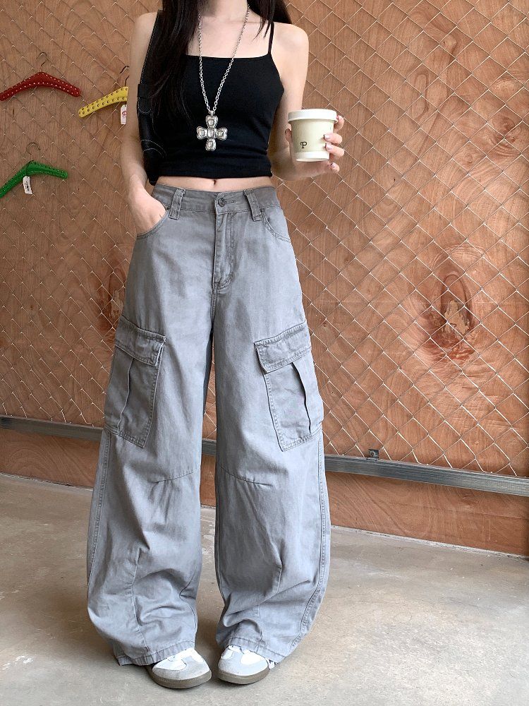 봄 여름 여성 하이웨스트 루즈핏 와이드 카고 팬츠 코튼 면바지 멀티포켓 데일리룩 롱팬츠 - 상세 이미지 2