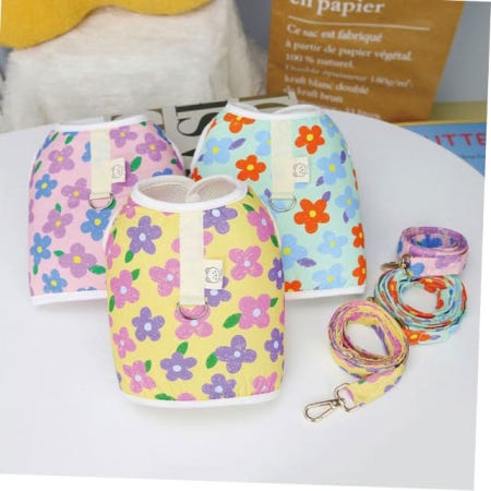 JTcorp. 강아지쿨조끼 화사한 플라워 패턴 하네스 조끼 자켓 리드줄포함