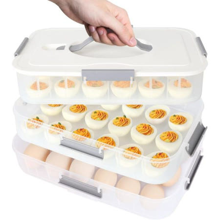 [해외]뚜껑이 있는 데빌드 에그 용기, 손잡이가 36 슬롯 트레이 캐리어, 쌓을 수 트레이, 12.2 x 8.4 6.3 인치(흰색, 3겹)