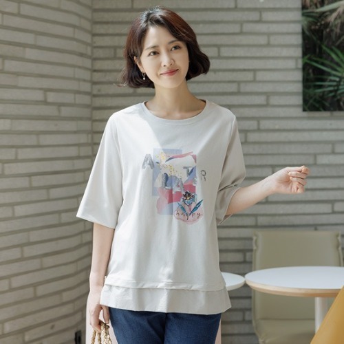 엄마옷 조이마담 T51363 패치 배색 면 티셔츠 중년여성의류 - 메인 이미지