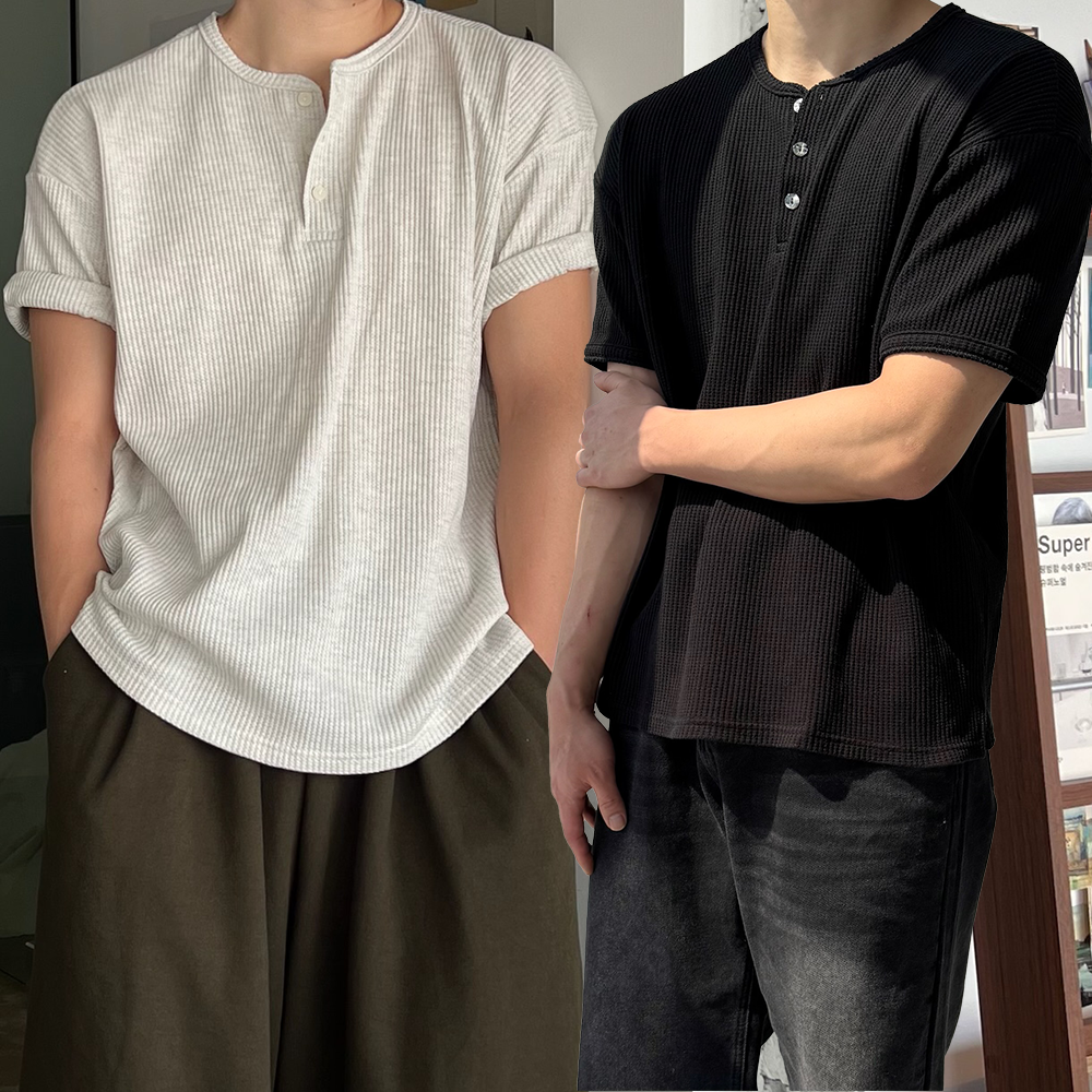 1+1 헨리넥반팔 와플헨리넥 헨리넥티셔츠 - 상품 이미지