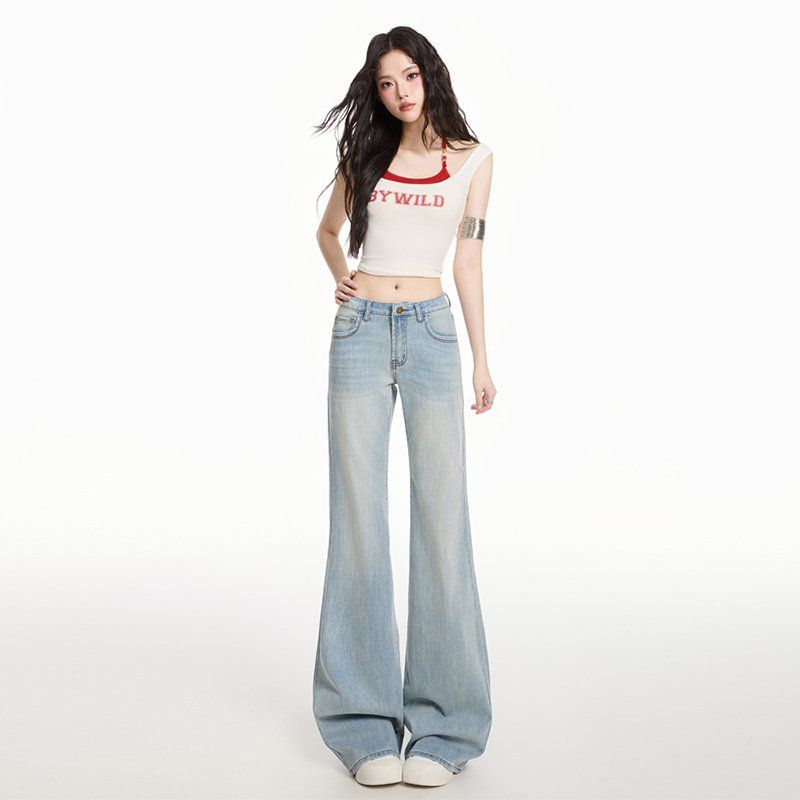 여성 2가지기장 부츠컷 데님 팬츠 봄 여름 로우라이즈 빈티지워싱 롱청바지 스판 청바지 Y2K - 상세 이미지 5