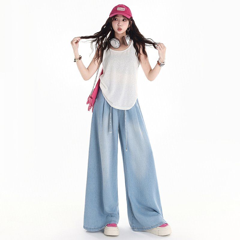 여성 2가지기장 와이드 밴딩 텐셀 팬츠 봄 여름 루즈핏 스트링 라이오셀 롱팬츠 데일리룩 - 상품 이미지