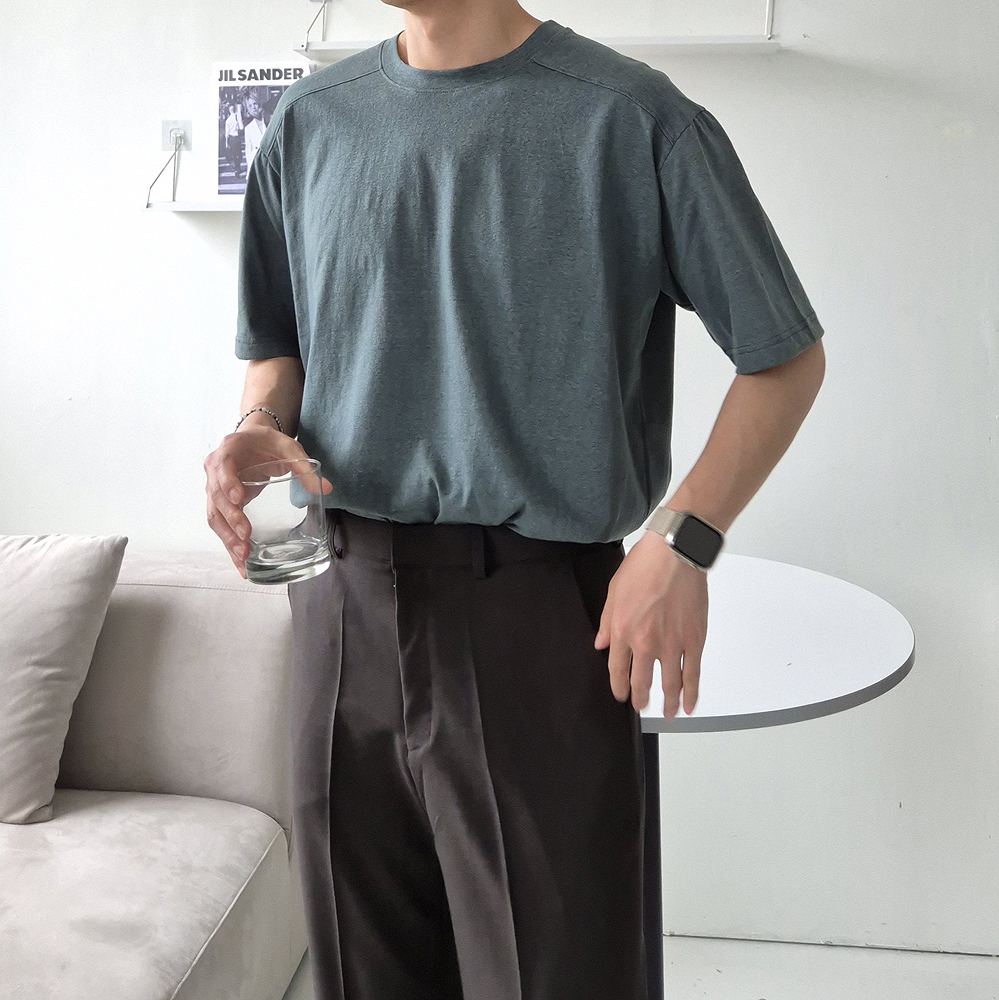 쿨 린넨 티셔츠 여름 슬라브 시스루 커플 반팔 남자 반팔티 - 상세 이미지 4