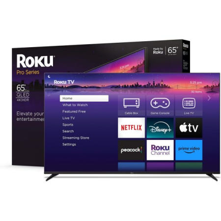 [해외]Roku 스마트 TV - 65인치 프로 시리즈 4K QLED RokuTV, 백라이트 음성 리모컨 프로, 돌비 비전 IQ, 120Hz 주사율 라이브 지역 뉴스, 스포츠, 게임