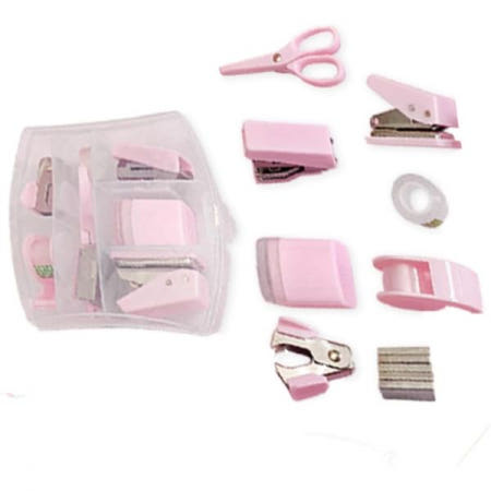 HCHMAO [해외]미니 사무용품 키트 학용품 - 가위, 스테이플러, 테이프 디스펜서 포함,홀 펀처, 스테이플스 데스크탑 휴대용 케이스 포함 및 DIY (핑크)