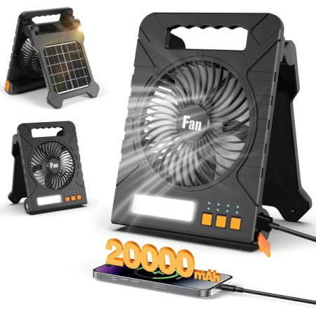 [해외]LED 조명이 있는 태양광 캠핑 선풍기, 20000m아 충전식 무선 배터리 구동 휴대용 선풍기(파워뱅크, 타이머, 텐트용 조용한 책상 선풍기 포함)