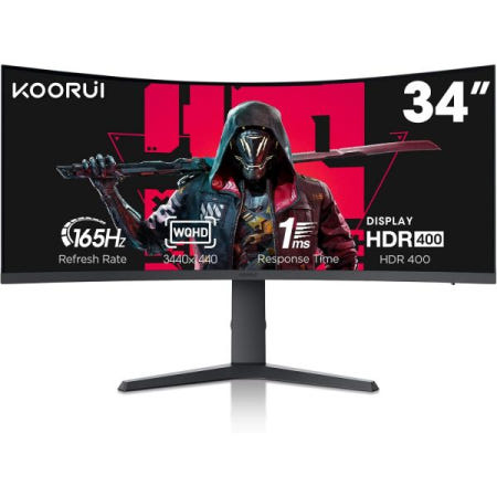 KOORUI [해외]KOORUI 34인치 울트라와이드 커브드 WQHD 3440x1440 게이밍 모니터, 165Hz 144Hz 1000R- PIP/PBP, 디스플레이 포함 1ms(MPRT)HDR