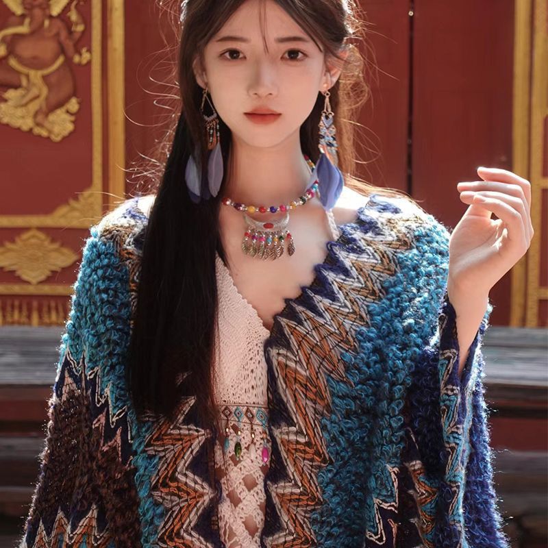 몽골 티베트 담요 보헤미안 판초 에스닉 망토 숄 가디건 몽골판초 - 상세 이미지 5