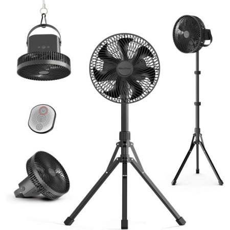 [해외]Marchpower 10인치 접이식 캠핑 팬, 분리형 삼각대, 10000m아 충전식, 리모컨, 조용한 진동, 조절 가능한 높이 받침대 바닥 팬 가정용