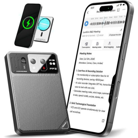 [FFZ][해외]평생 무료 전사 기능이 있는 AI 음성 녹음기 - ChatGPT 기반 107개 언어 번역기, 회의/강의용 앱 제어 64GB 스마트 녹음기, 60시간 배터리 및 군사 암호화(