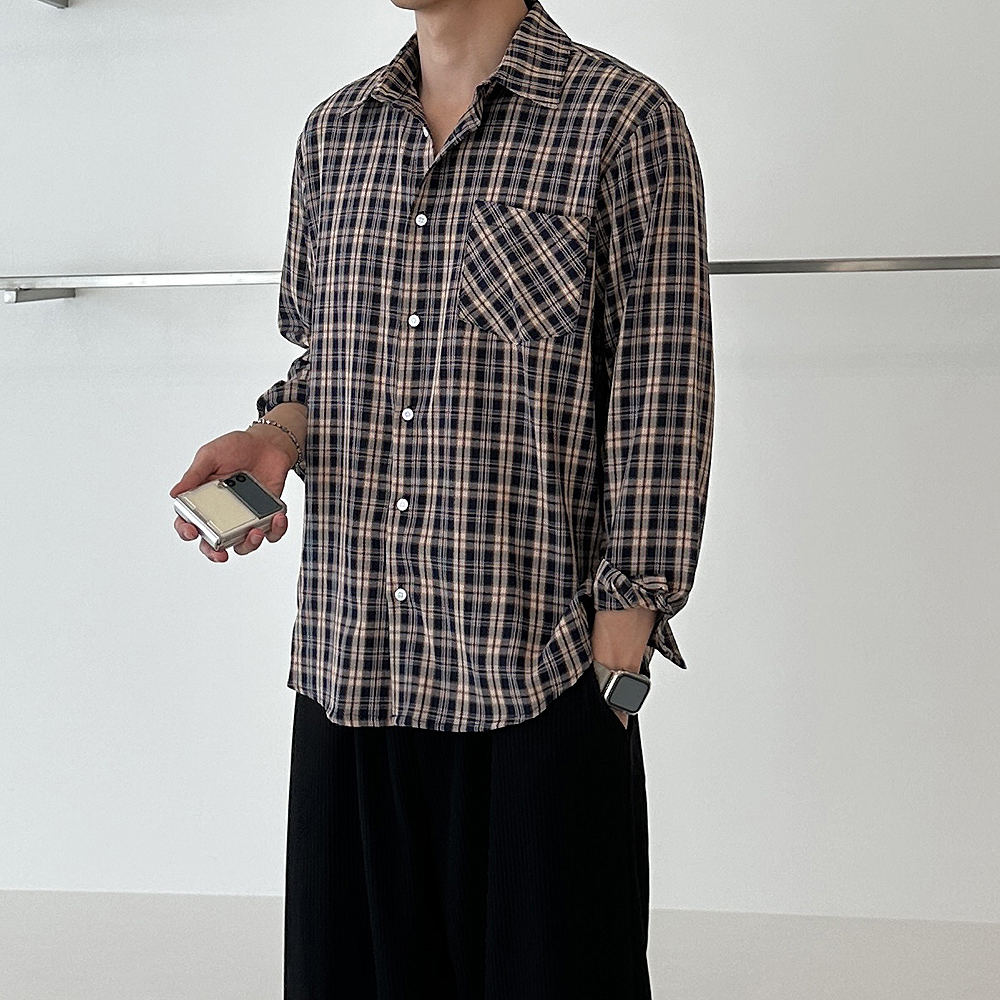 남자 체크셔츠 링클프리 오버핏 쿨 남방 남자 여름셔츠 - 상품 이미지
