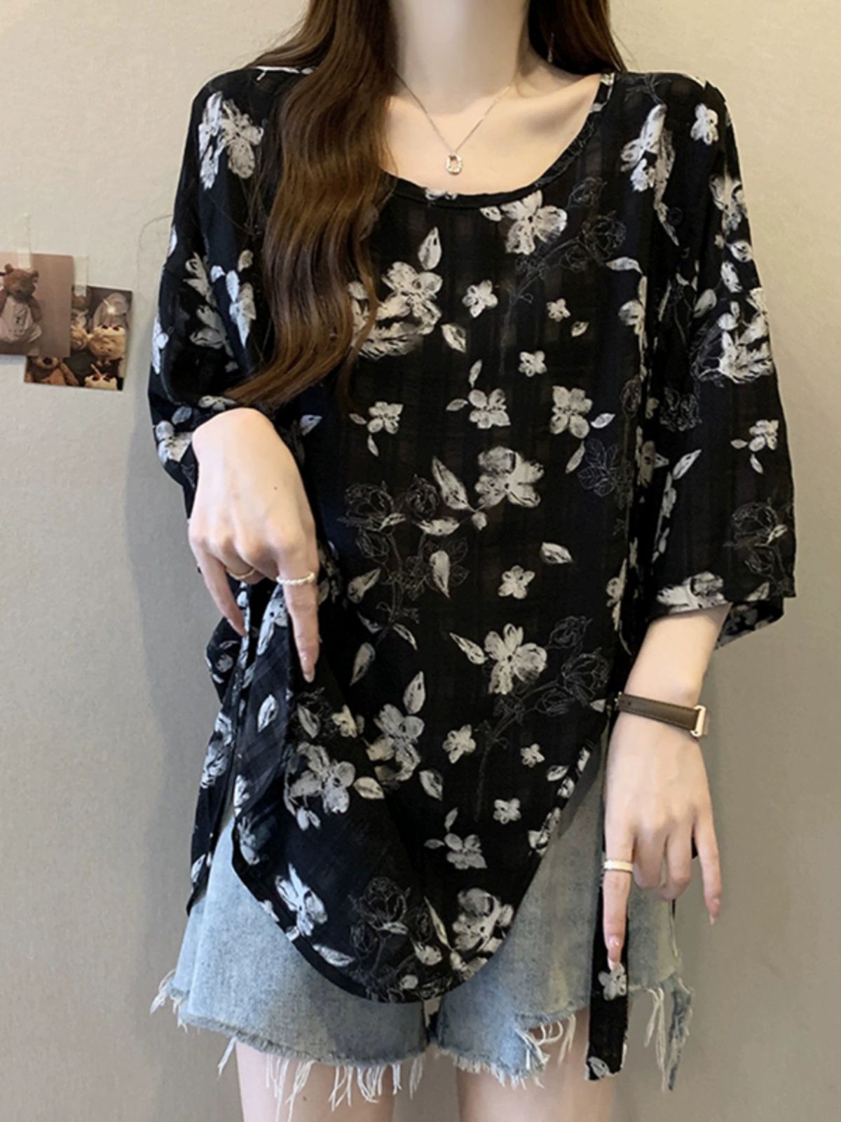 블라우스 꽃무늬 쉬폰 여성 여름 루즛핏 반팔 탑 셔츠 M~4XL 1.블랙 - 상세 이미지 3