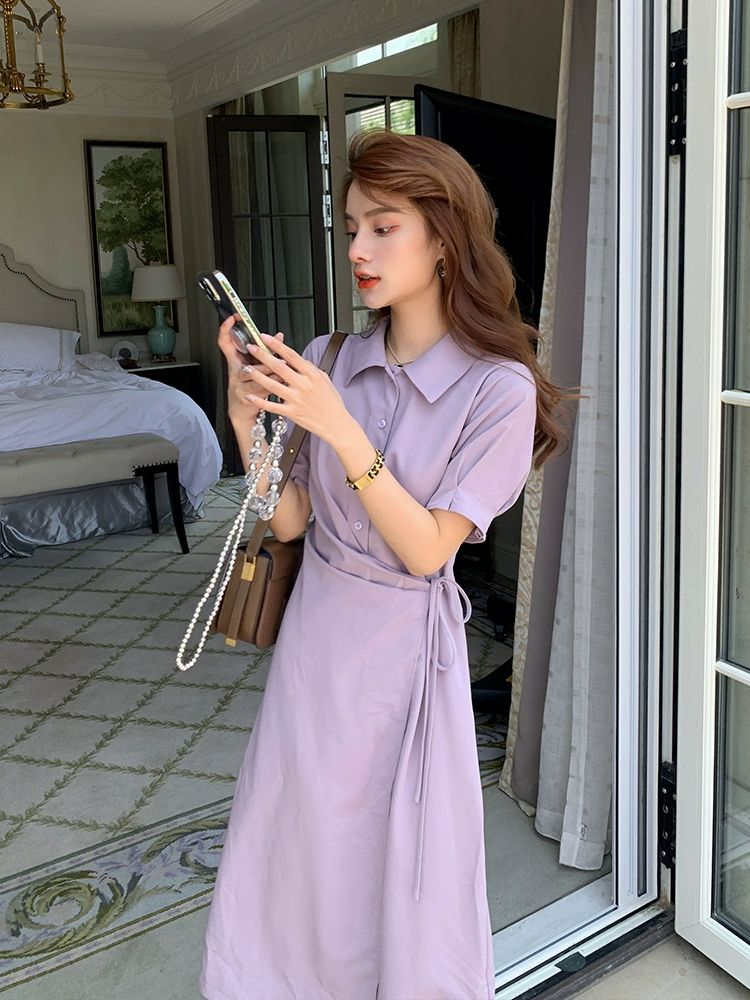 원피스 여성 여름 봄 셔츠 드레스 레이스 슬림 얇은 롱치마 하객룩  퍼플 - 상품 이미지