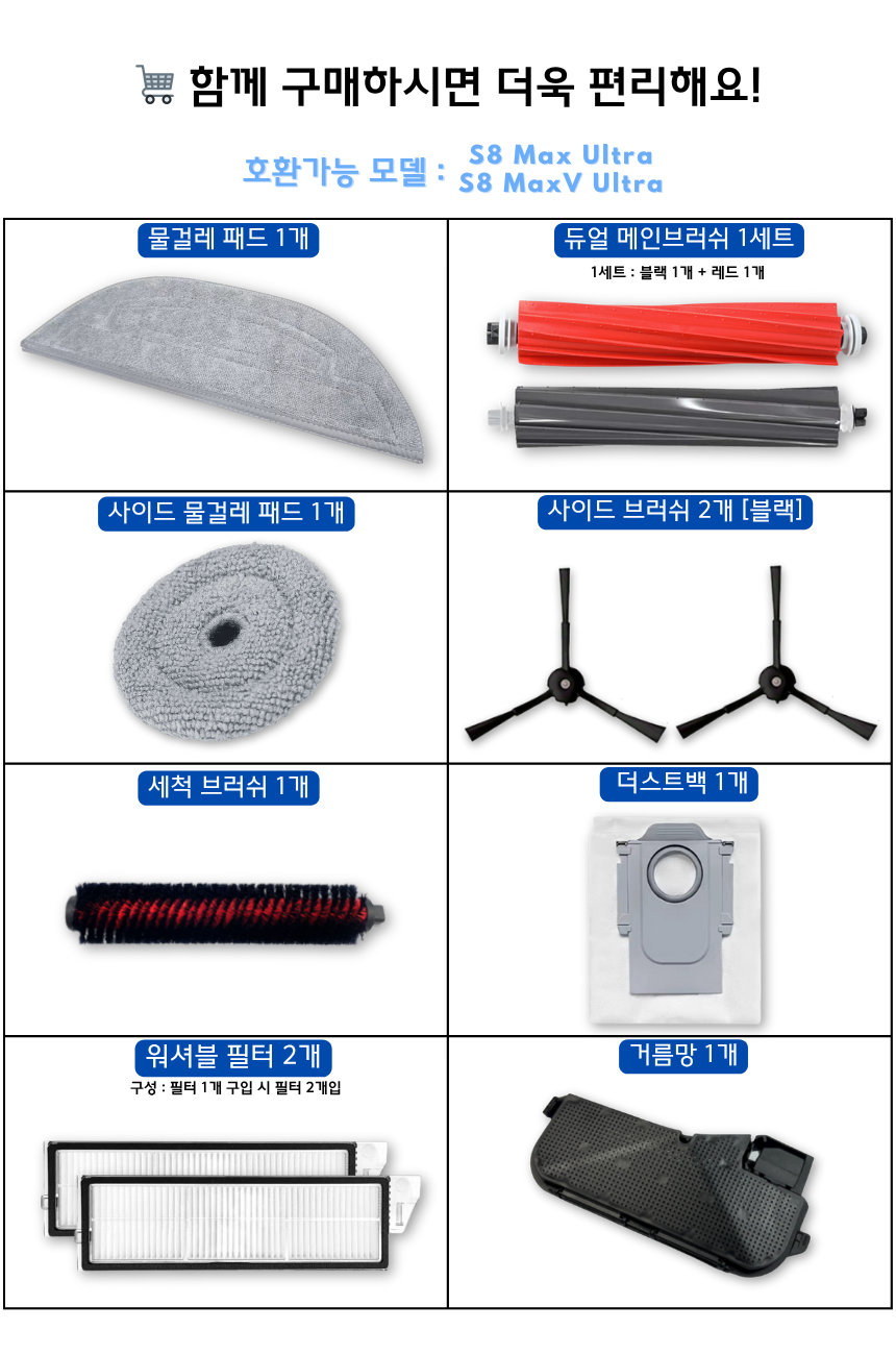 [호환] 로보락 S8 Max Ultra 소모품 물걸레 더스트백 필터 브러쉬 12개월 구성품