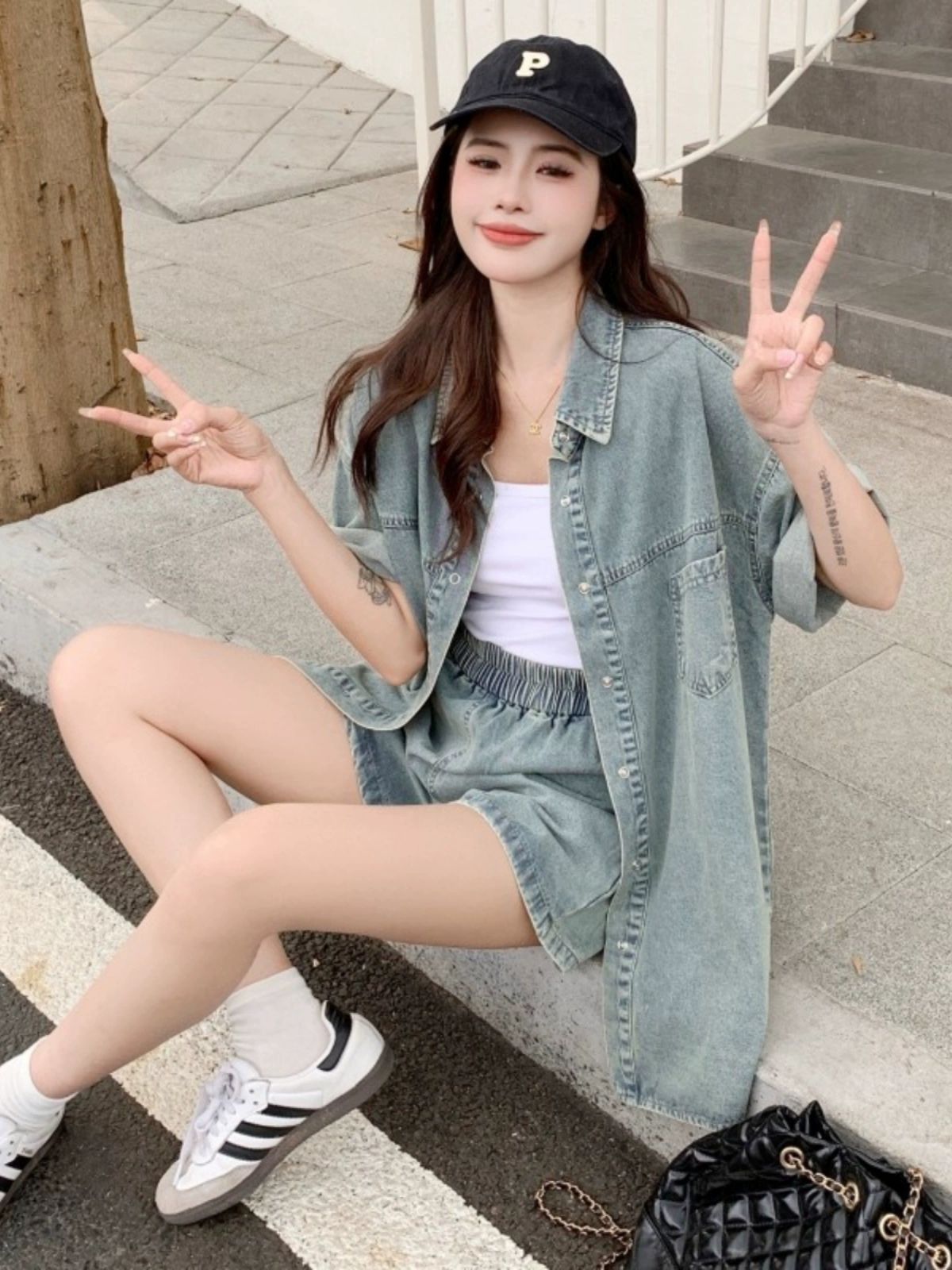 데님셔츠 여성 여름 청남방 반팔티 반바지 투피스 데님세트 데님 셔츠+반바지 - 상세 이미지 3