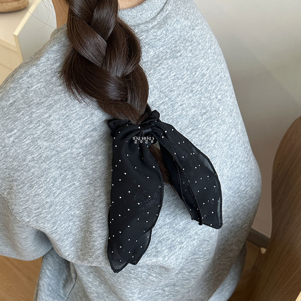 우아한 블랙 리본 큐빅 곱창머리끈 포니테일 헤어슈슈 러블리 쉬폰 스크런치 - 상세 이미지 4