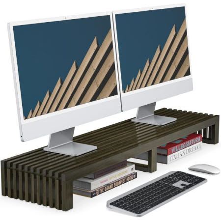 [해외]에어플로우 통풍구가 있는 듀얼 모니터 라이저 스탠드, 더블 컴퓨터 노트북 스탠드 그릴 디자인, 3분 조립 농가 39인치 대나무 책상 선반 정리함(웬지)