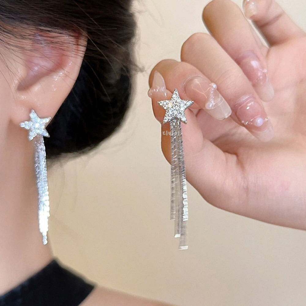 S925 별 태슬 드롭 귀걸이 실버 큐빅 롱 화려한 이어링 - 상세 이미지 2