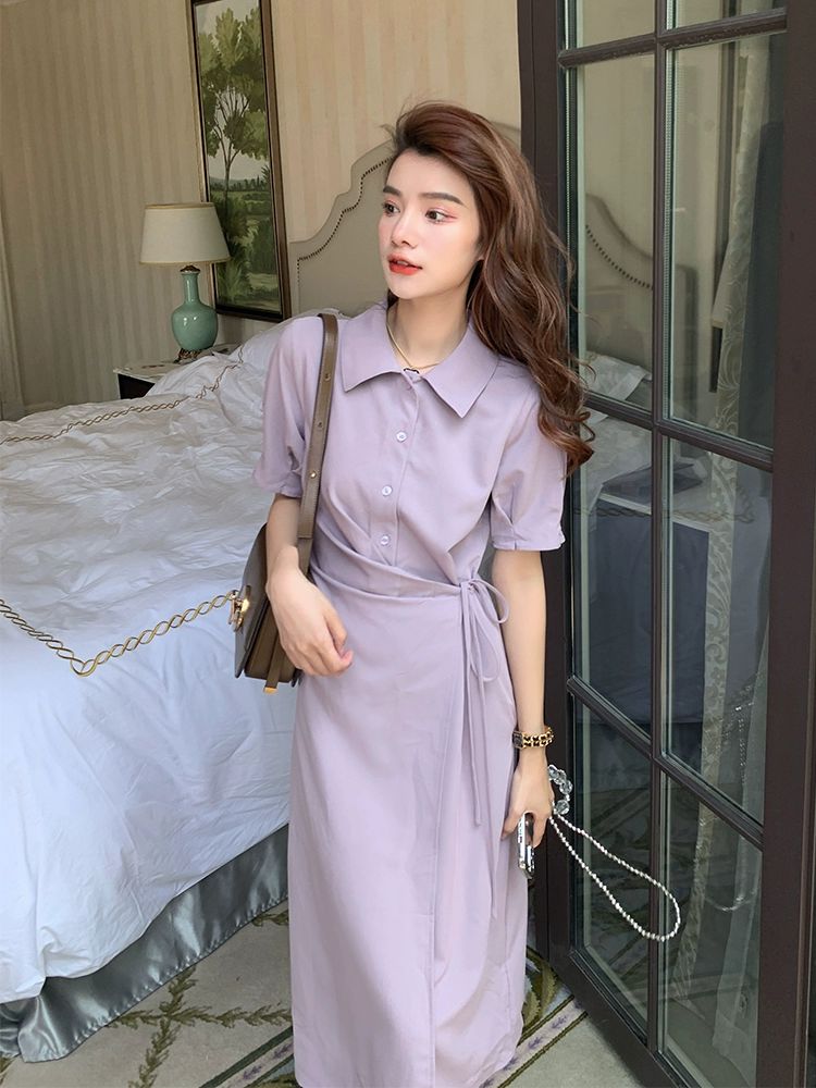 원피스 여성 여름 봄 셔츠 드레스 레이스 슬림 얇은 롱치마 하객룩 퍼플 - 상세 이미지 5