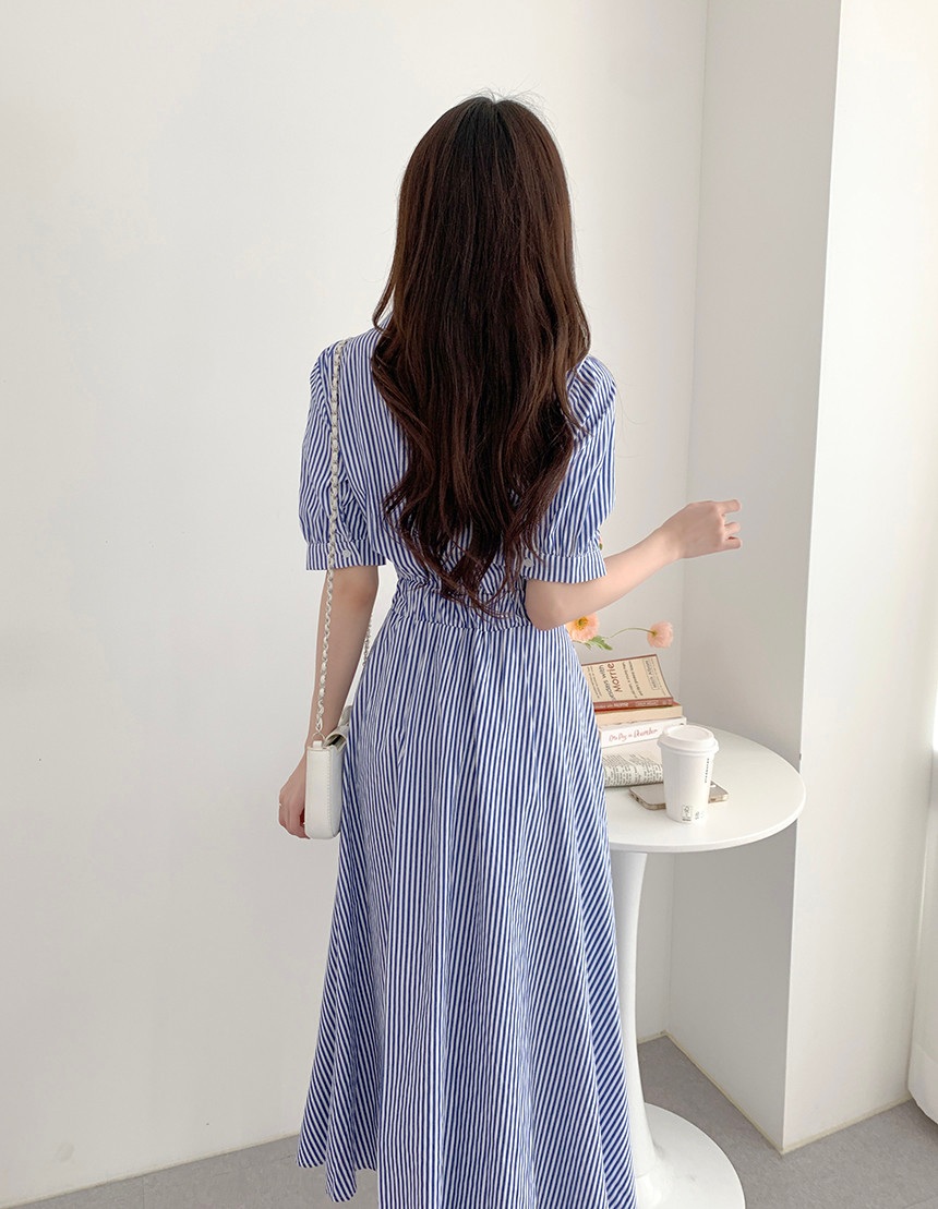 여름 스트라이프 카라 롱원피스 오피스룩 하객룩 - 상세 이미지 4