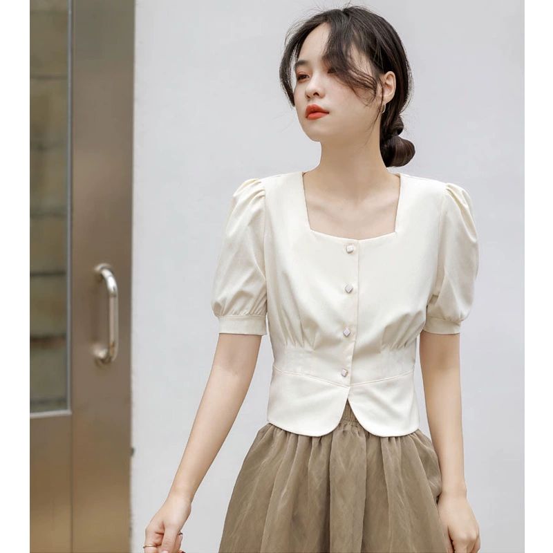 블라우스 여성 반팔 퍼프 슬림 크롭 탑 프렌치 스퀘어넥 셔츠 1.아이보리 - 상품 이미지