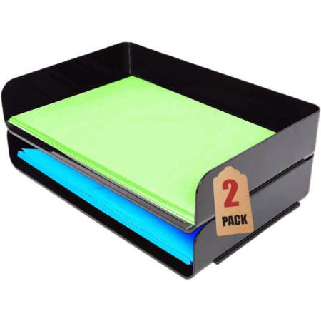 [해외]1InThe Office 스태커블 종이 트레이, 합법적인 크기의 플라스틱 책상 트레이 정리함, 측면 적재 검은색(2팩)