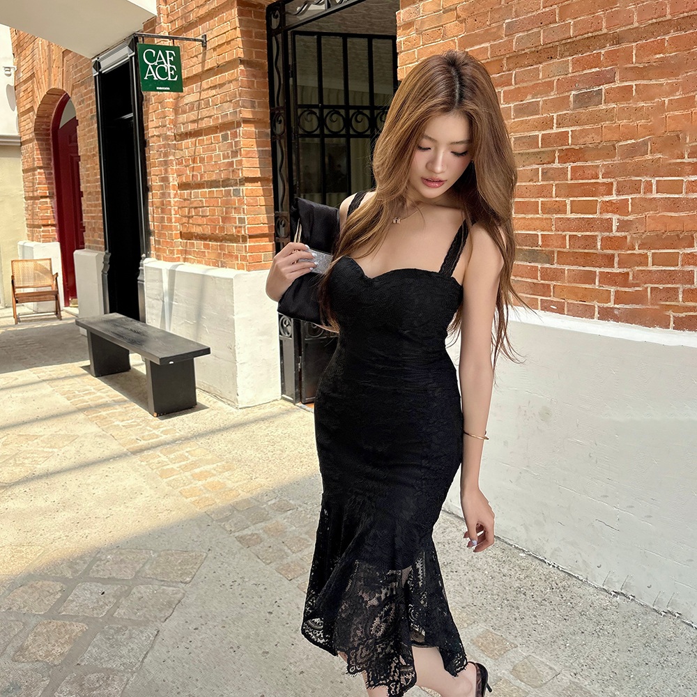 여름 슬림핏 블랙 레이스 언밸런스 끈원피스 시스루 모임룩 파티룩 - 상세 이미지 3