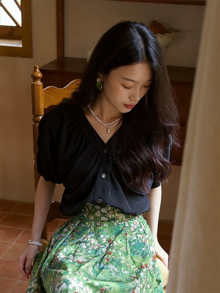 블라우스 여성 캐쥬얼 여름 반팔 코튼 프렌치 V넥 탑 셔츠 블랙 - 상세 이미지 4