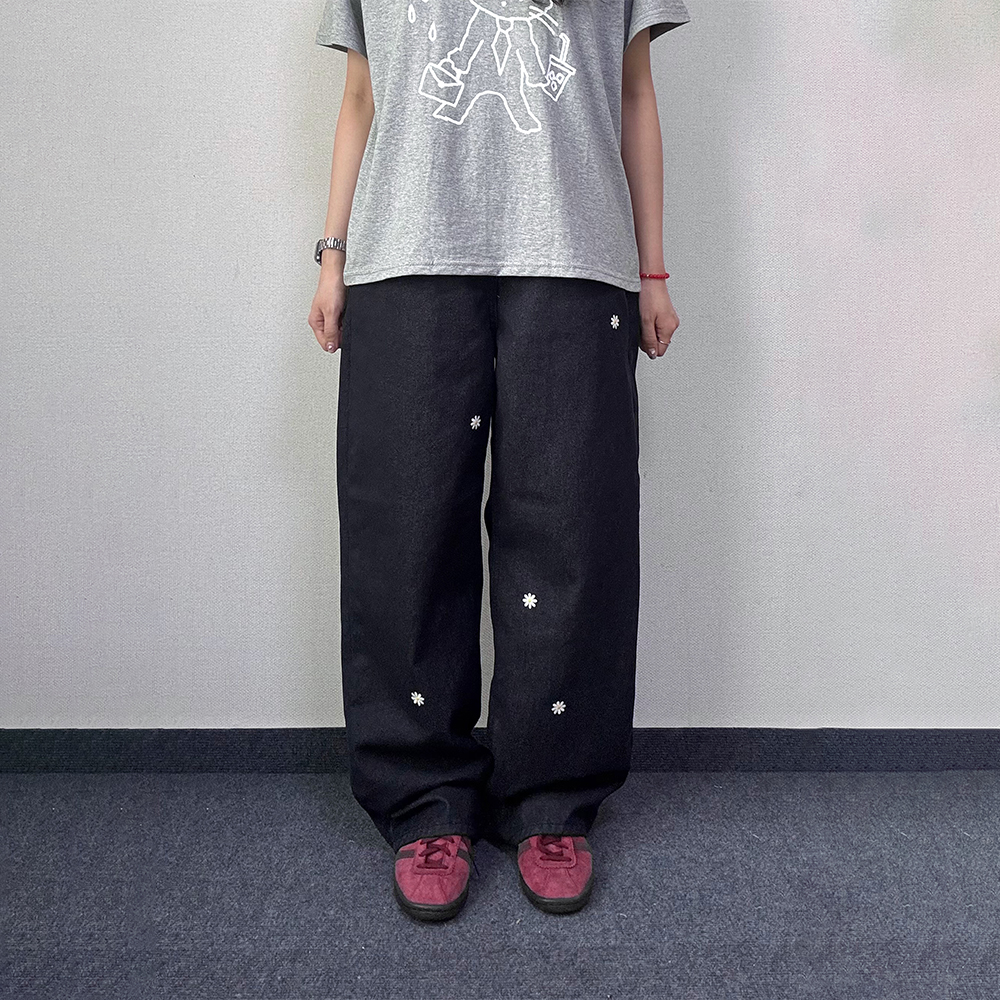 라위 자수 스트레이트 생지 데님 팬츠 [4Size] - 상품 이미지