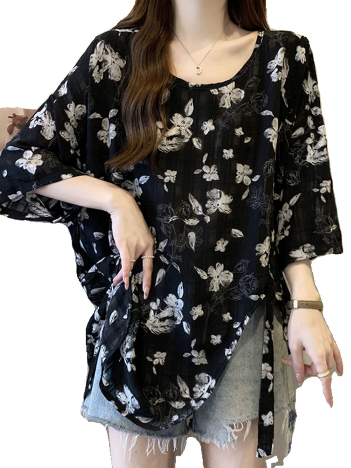블라우스 꽃무늬 쉬폰 여성 여름 루즛핏 반팔 탑 셔츠 M~4XL 1.블랙 - 상세 이미지 5
