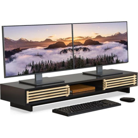 [해외]슬라이딩 도어가 있는 듀얼 모니터 스탠드 라이저, 수납 공간이 더블 컴퓨터 노트북 책상 선반 정리함(블랙 + 천연 대나무, 38인치)