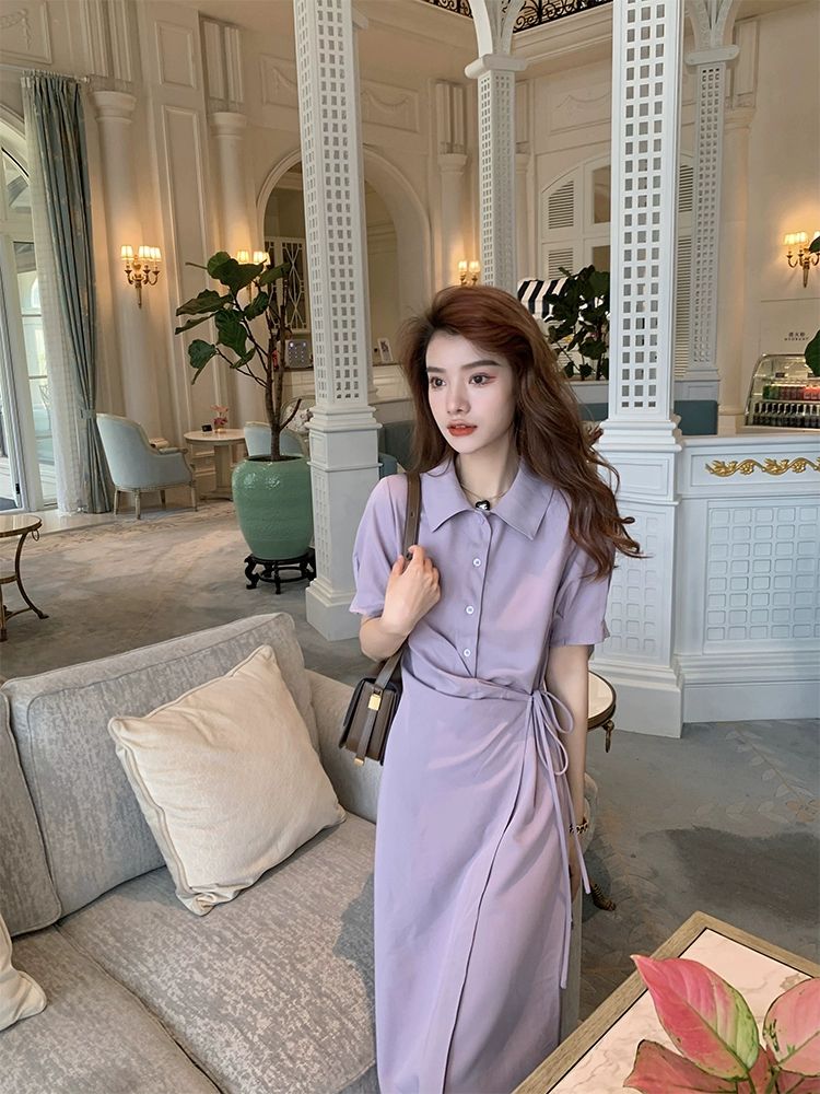 원피스 여성 여름 봄 셔츠 드레스 레이스 슬림 얇은 롱치마 하객룩 퍼플 - 상세 이미지 2