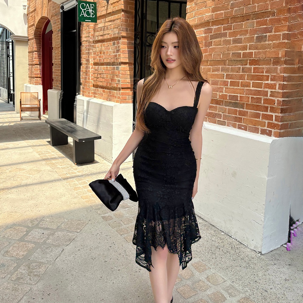 여름 슬림핏 블랙 레이스 언밸런스 끈원피스 시스루 모임룩 파티룩 - 상품 이미지