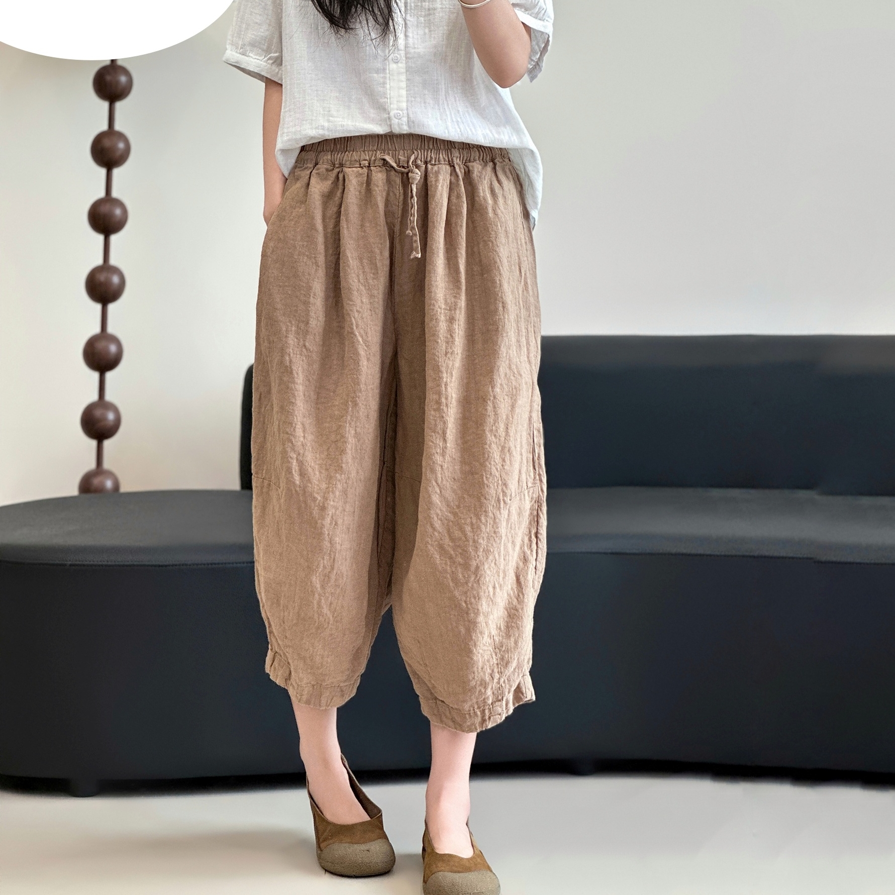 하마마스 여성 린넨 배기바지 밴딩 8부 팬츠 여름 엄마옷 - 상세 이미지 2