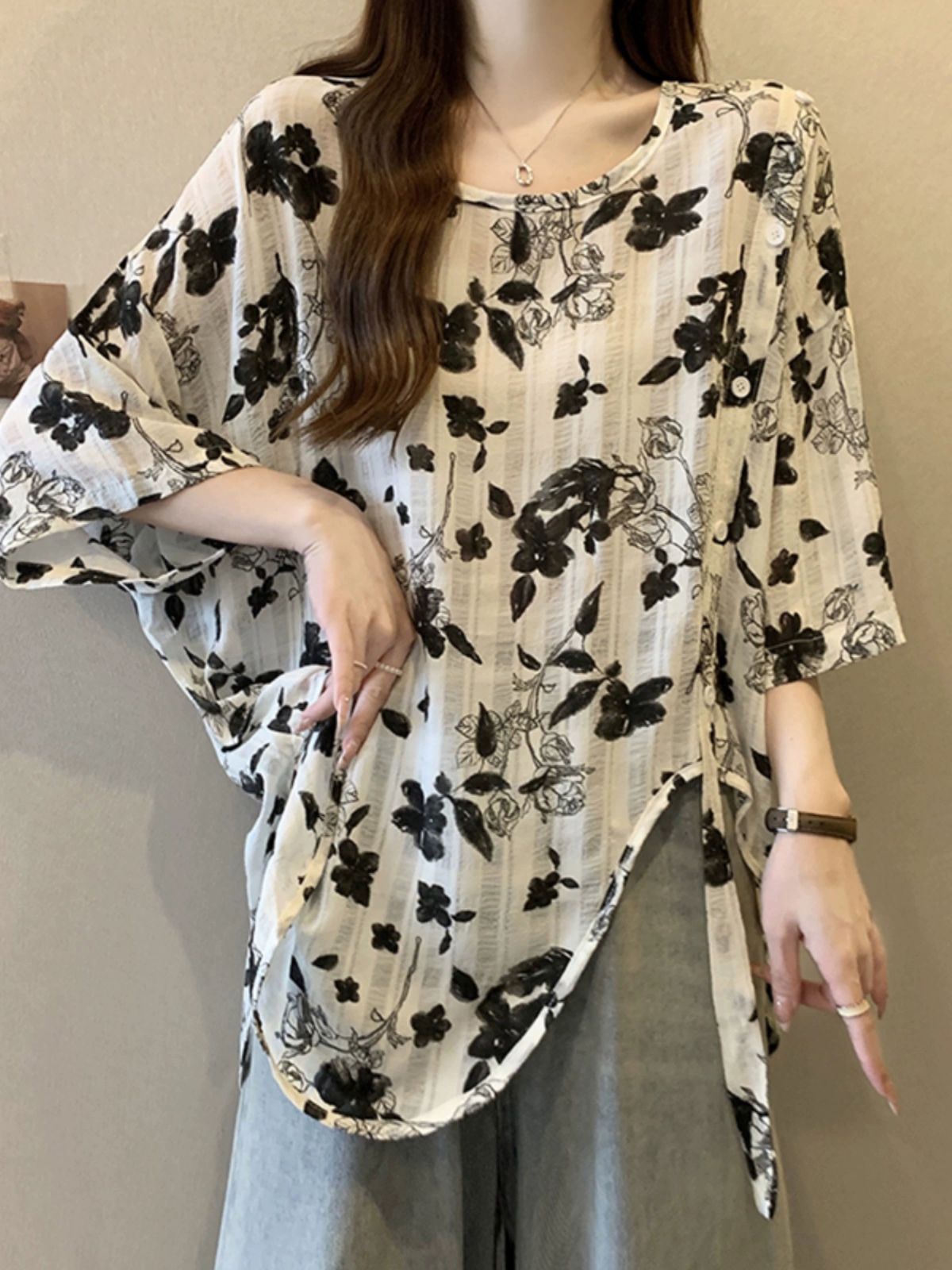 블라우스 꽃무늬 쉬폰 여성 여름 루즛핏 반팔 탑 셔츠 M~4XL 1.블랙 - 상세 이미지 2