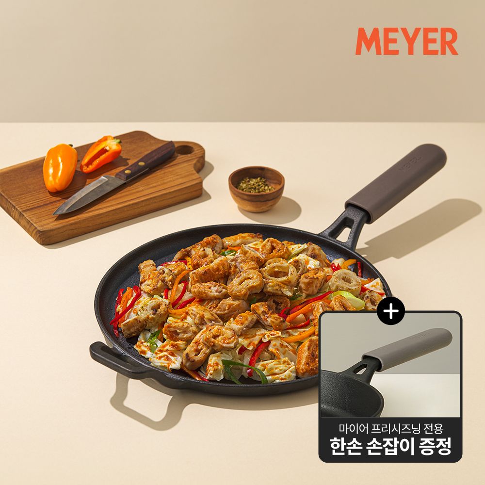 [손잡이 증정] 프리시즈닝 무쇠 주물 그리들 28cm (보조핸들) + 실리콘 손잡이 세트 - 상품 이미지