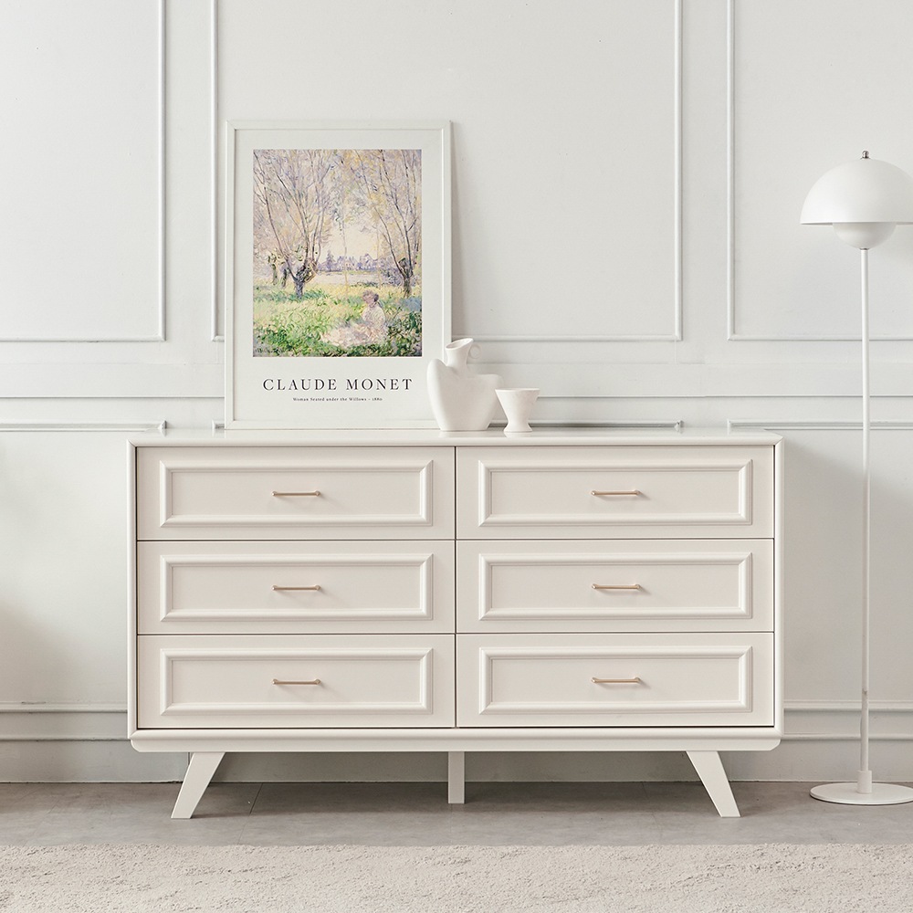 국내생산 웨인스코팅 와이드 이브 서랍장 1450x485x845mm, 3단, 밀크아이보리