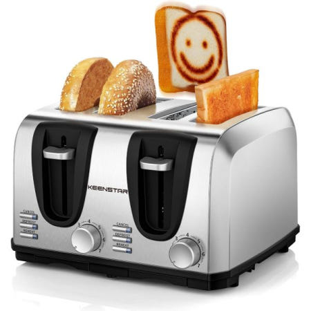 [KEENSTAR][해외]토스터 4 슬라이스, 베이글/디프로스트/취소 기능의 듀얼 컨트롤 패널이 있는 킨스타 엑스트라 와이드 슬롯 토스터, 7가지 토스트 빵 그늘 설정, 탈착식 크럼 트레이, 자동