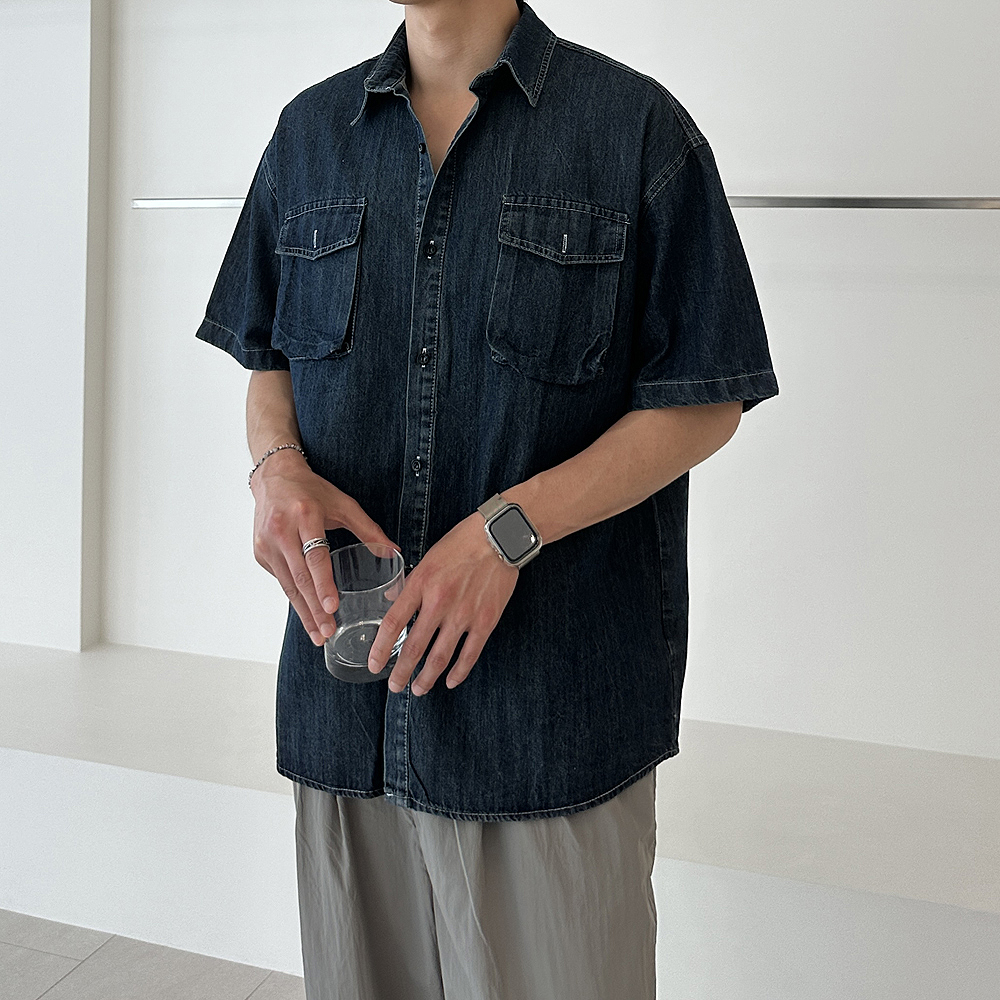 남자 반팔셔츠 오버핏 여름 데님 남성 청남방 남자 셔츠