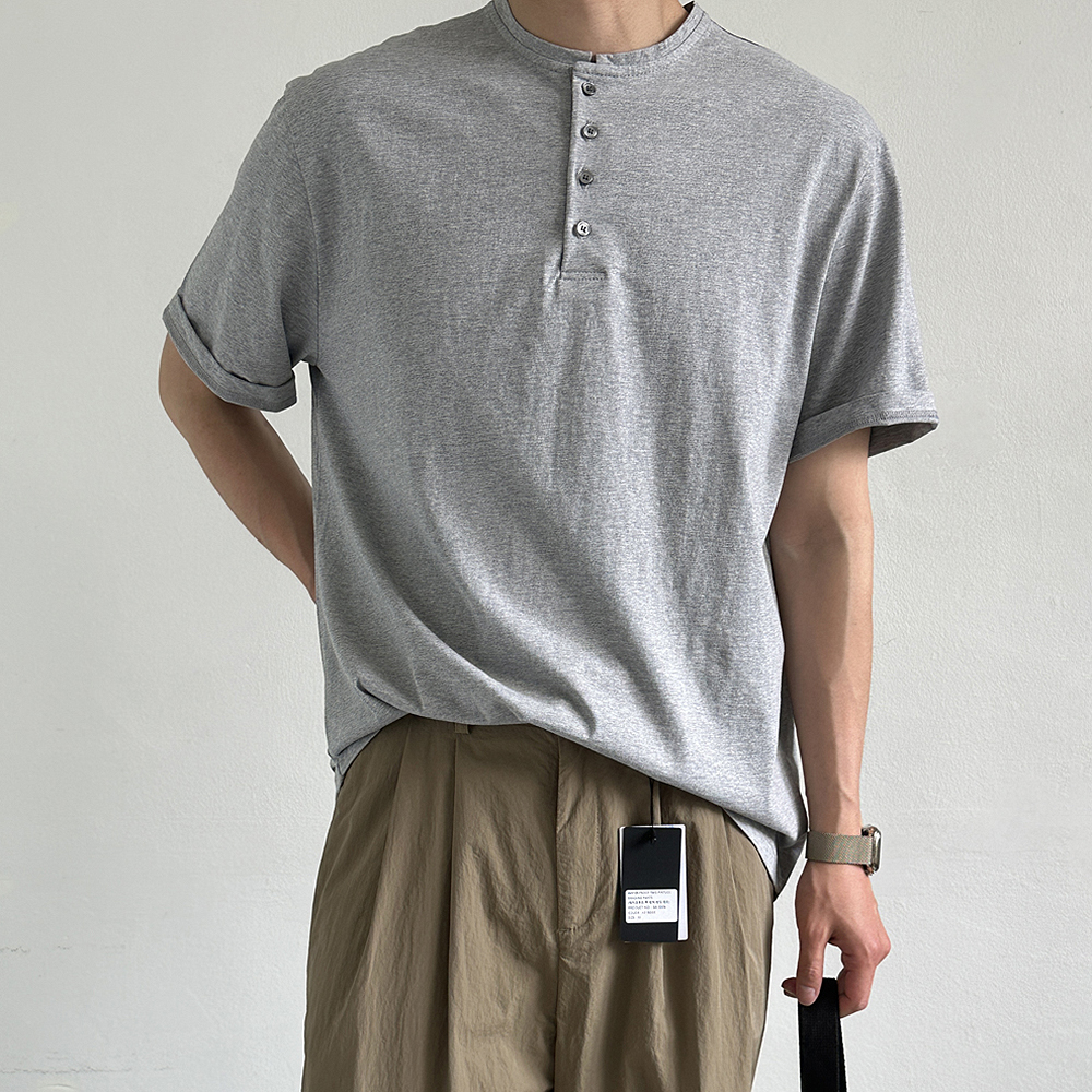 헨리넥 반팔 분또 슬라브 스판 쿨 티셔츠 남자 반팔티 - 상품 이미지