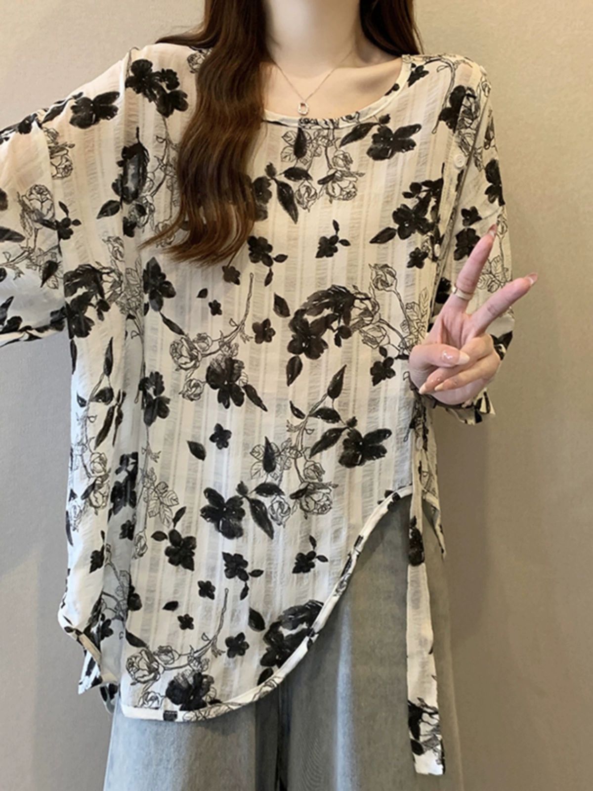 블라우스 꽃무늬 쉬폰 여성 여름 루즛핏 반팔 탑 셔츠 M~4XL 1.블랙 - 상세 이미지 4