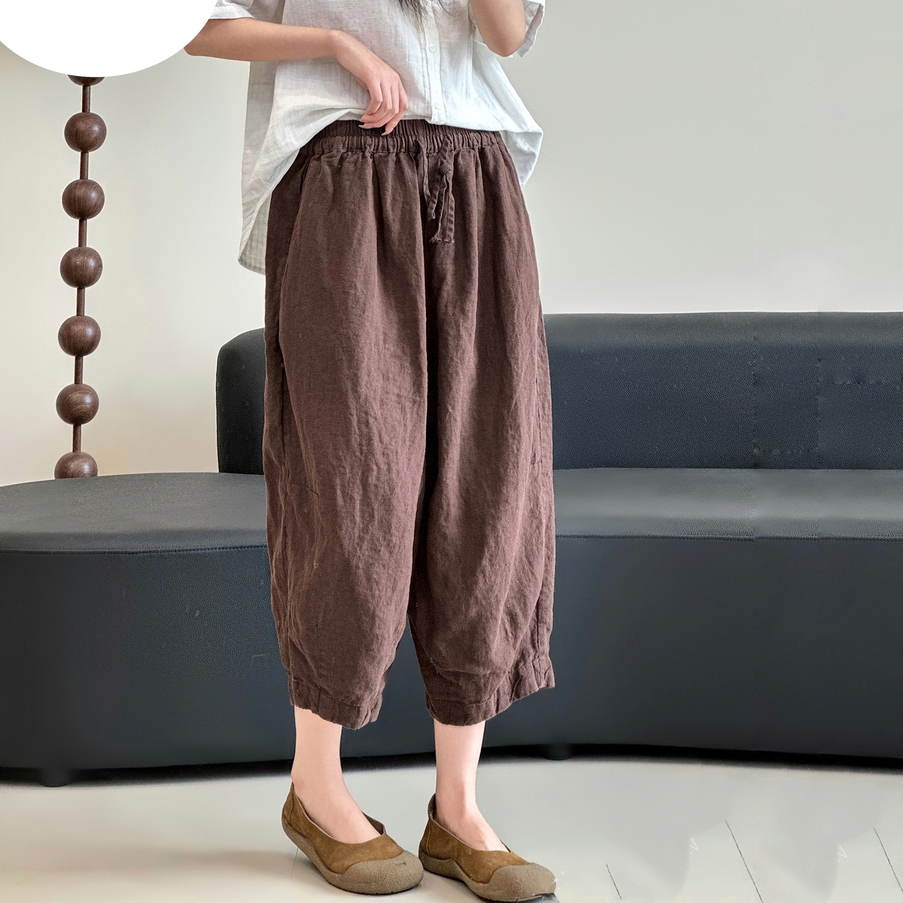 하마마스 여성 린넨 배기바지 밴딩 8부 팬츠 여름 엄마옷 이미지 6
