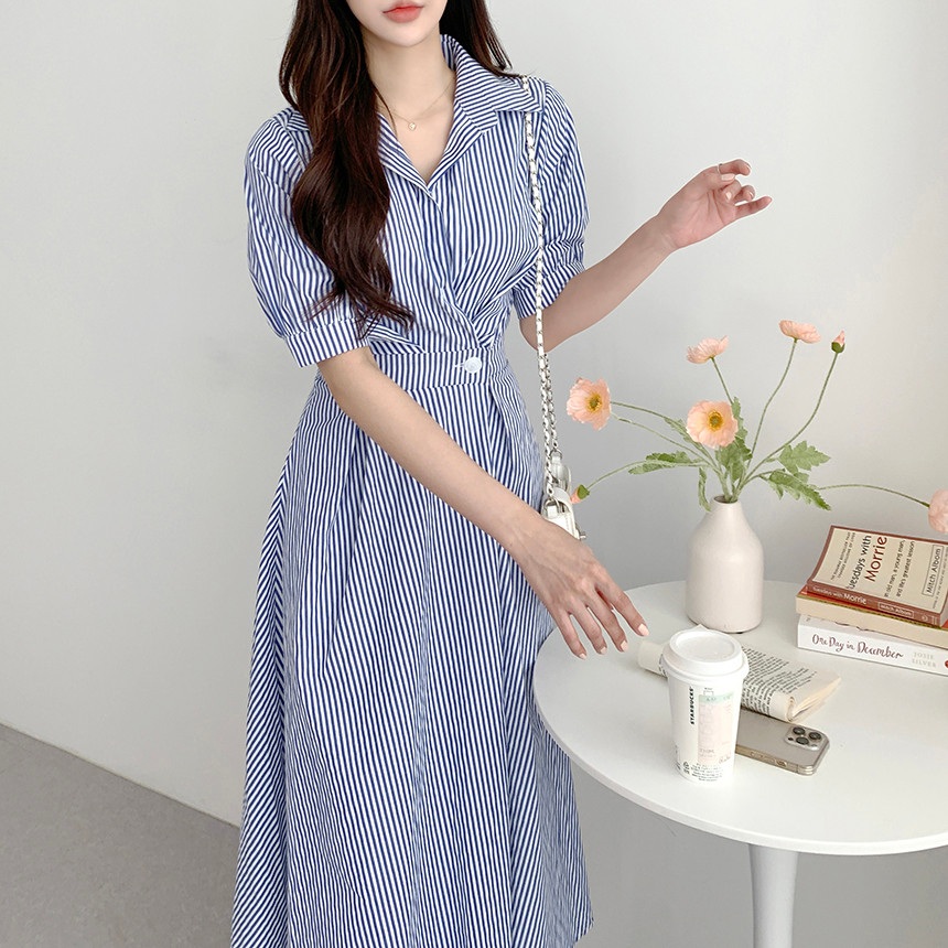 여름 스트라이프 카라 롱원피스 오피스룩 하객룩 - 상세 이미지 3
