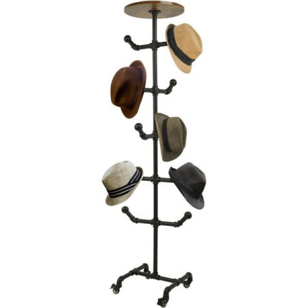 [해외]유요우즈 모자 진열대 선반 바퀴 달린 스탠드 나무 헤비 듀티 소박한 금속 파이프 가정, 쇼핑몰용 독립형 코트