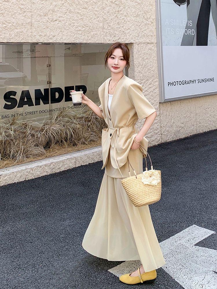 원피스 여성 여름 반팔 자켓 정장 스커트 얇은 치마 투피스세트 슬림 재킷+미디 스커트 - 상세 이미지 4