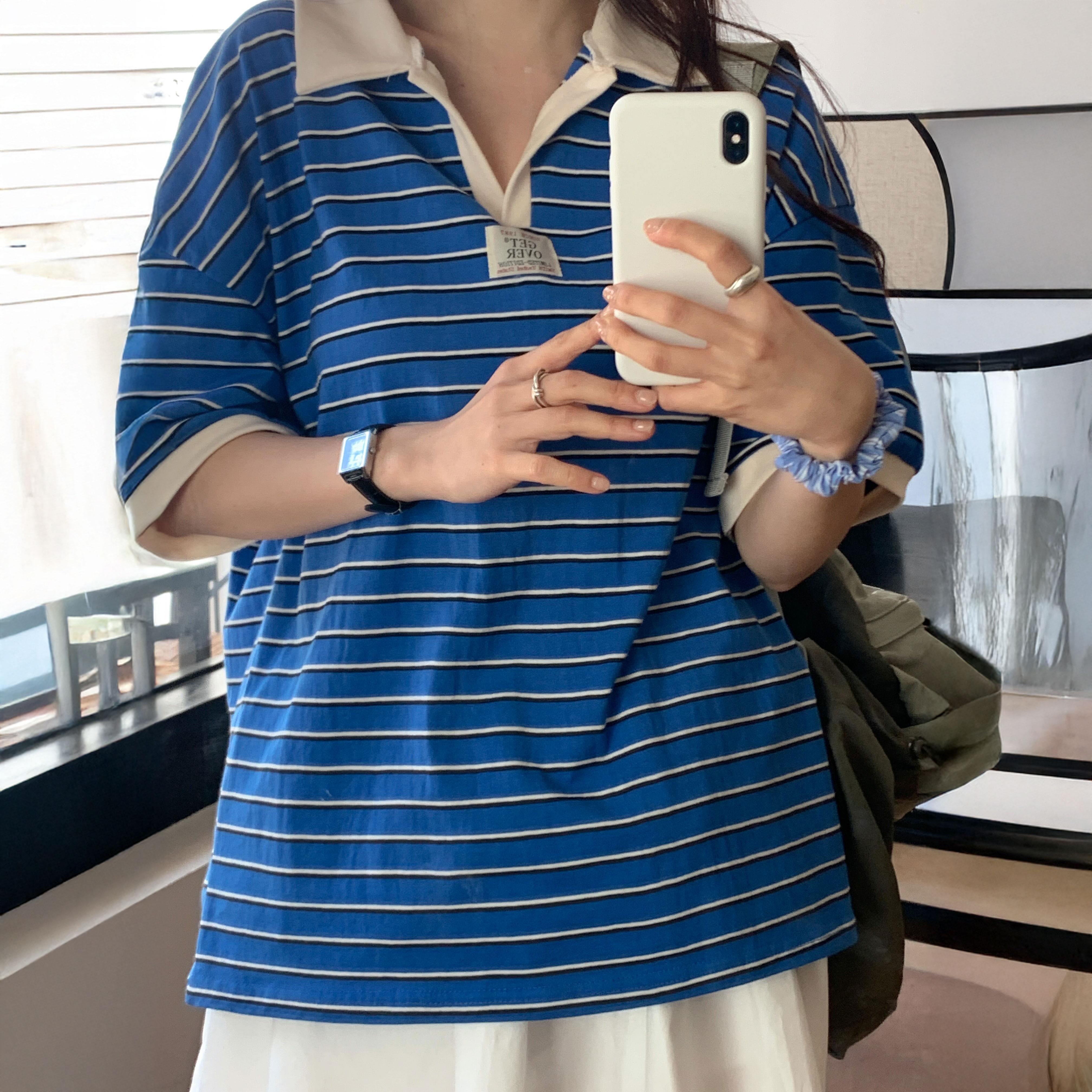 지뉴 오버핏 스트라이프 카라티 | 여름 여성용 박시핏 루즈핏 단가라 데일리 - 상품 이미지