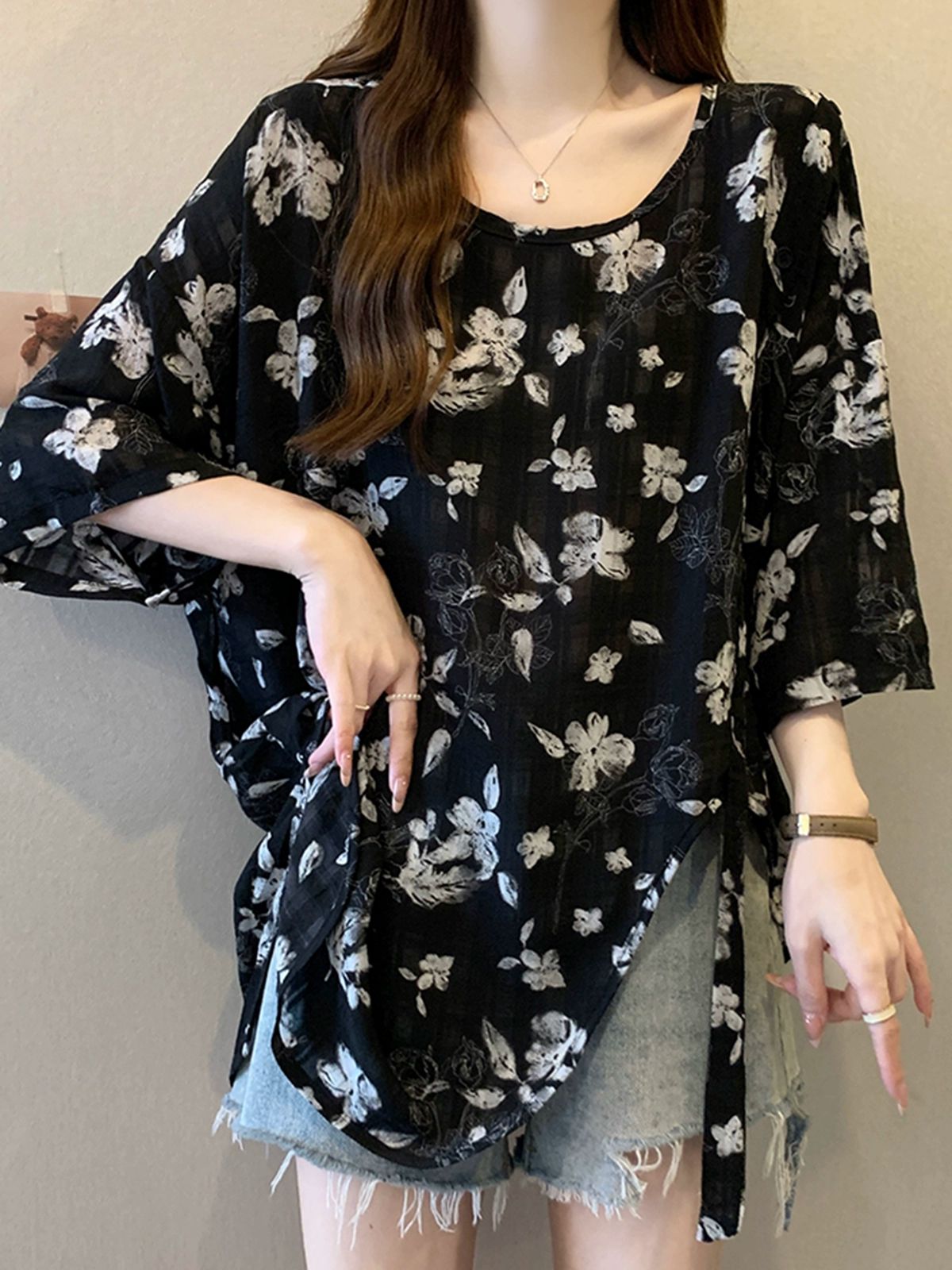 블라우스 꽃무늬 쉬폰 여성 여름 루즛핏 반팔 탑 셔츠 M~4XL 1.블랙 - 상품 이미지